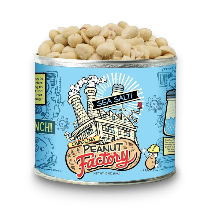 An open can of 1949 NUT COMPANY SALT SALT PEANUTS features a blue label with an illustrated factory, gears, and a peanut character. Inside, delicious peanuts are perfectly seasoned with sea salt.