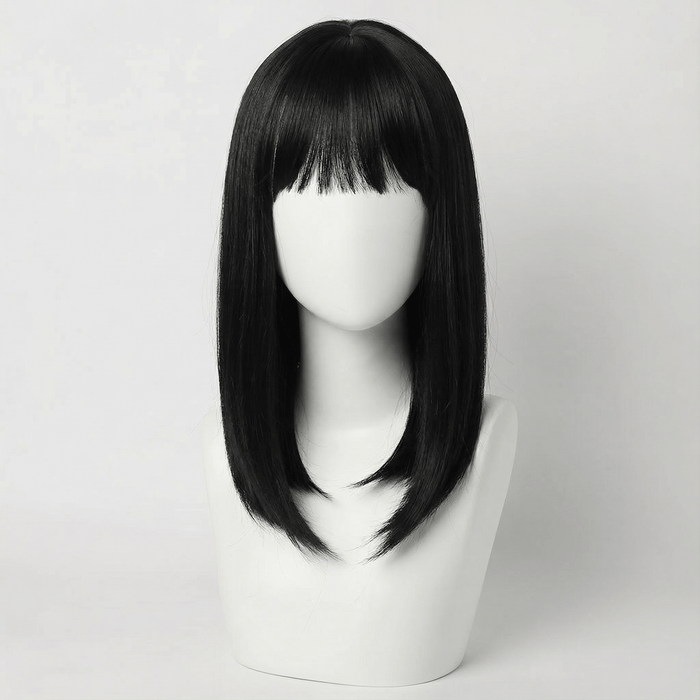 Cecil Short Black Wig with Bangs displayed on a wig stand, showcasing its sleek design and modern feathered bob.