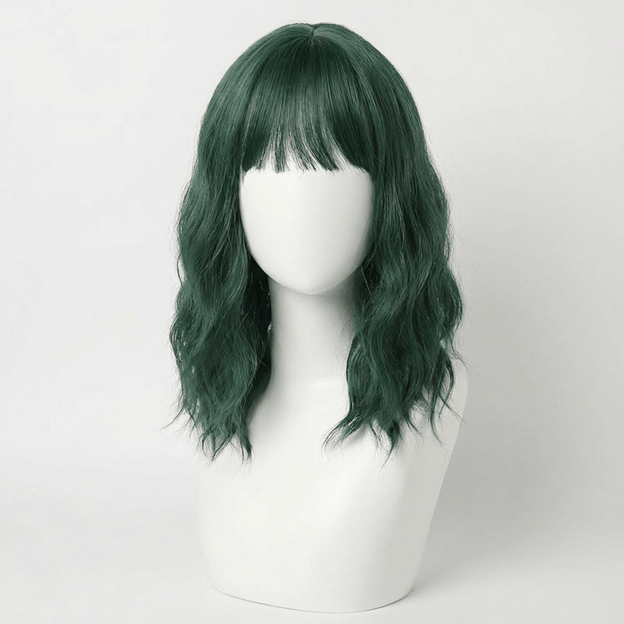 Emerald Short Green Wig with Bangs featuring a wavy bob and rich emerald green color.