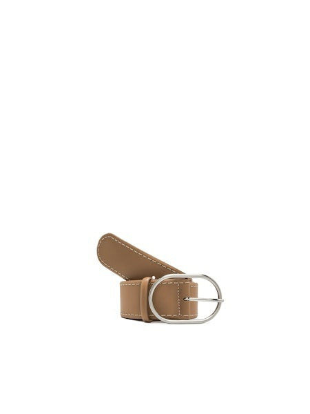 The GIANNI CHIARINI - LEATHER BELT by GIANNI CHIARINI, featuring tan leather, white stitching, and a large silver buckle, is shown standing upright against a plain white background.