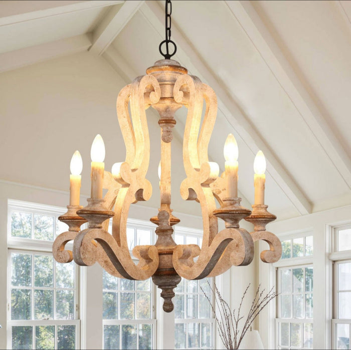 Lustre antique Oaks Aura à 5 lumières en bois, blanc vieilli