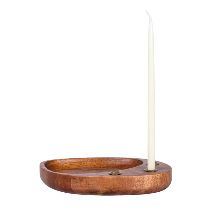 The CREATIVE COOP Mango Wood and Metal Taper Holder with Tray features an oval mango wood base, three round brass inlays, and a shallow recessed area—ideal for displaying candles or your favorite decor.