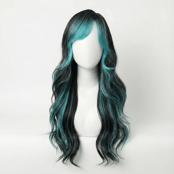 Long black wig with teal highlights featuring soft waves and a stylish middle part.