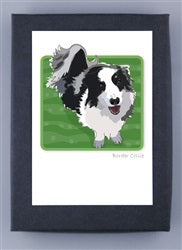 PAPER RUSSELLS - BORDER COLLIE NOTE CARDS feature a black and white Border Collie illustration on green, on a white card with a dark gray border. Printed on recycled paper, the dog faces forward with its mouth open. Brand: PAPER RUSSELLS.