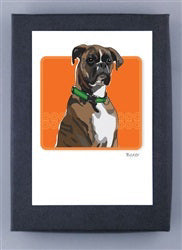 The PAPER RUSSELLS - BOXER NOTE CARDS by PAPER RUSSELLS feature a brown and white boxer dog with a green collar on an orange background, framed in black with a white mat and printed on eco-friendly recycled paper.