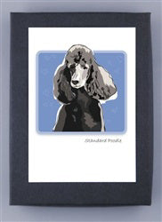 PAPER RUSSELLS - STANDARD POODLE NOTE CARDS feature a forward-facing curly Standard Poodle on blue, in a white mat and black frame. Printed on recycled paper, made in the USA, and FSC certified for sustainability by PAPER RUSSELLS.