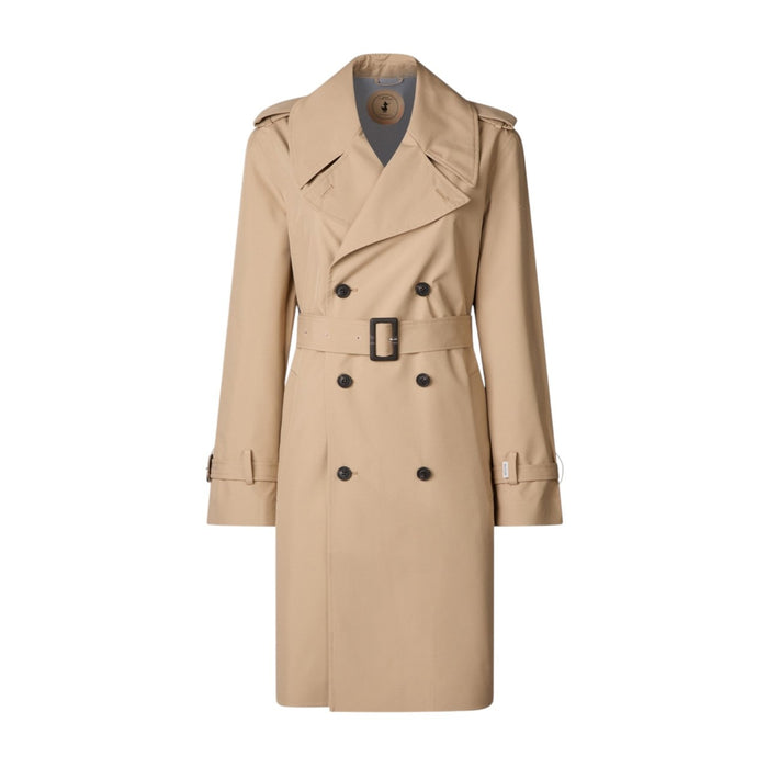 The SAVE THE DUCK - TAYLA TRENCH COAT is a beige water-repellent twill, double-breasted trench with a belted waist, wide lapels, epaulets, and buttoned sleeve cuffs, shown against a plain light gray background.