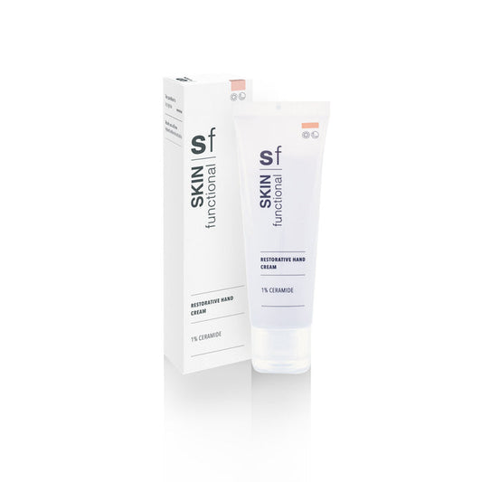 SKIN Functional Restorative Hand Cream with details skincare product on a light gray background