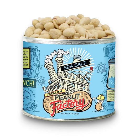 An open can of 1949 NUT COMPANY SALT SALT PEANUTS features a blue label with an illustrated factory, gears, and a peanut character. Inside, delicious peanuts are perfectly seasoned with sea salt.