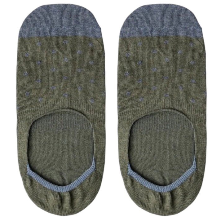 AMANDA CHRISTENSEN’s TRUE DOT INVISIBLE SOCKS IN OLIVE MELANGE are men’s luxury no-show socks crafted from a premium combed cotton blend. Featuring an olive melange hue with subtle grey polka dots and coordinated grey toes, heels, and cuffs, these socks provide refined style and all-day comfort for everyday wear.