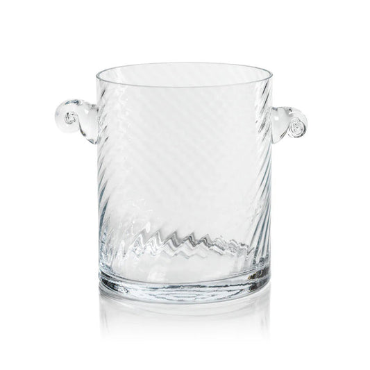 The ZODAX BAGATELLE SWIRL ICE BUCKET features clear glass with a subtle diagonal swirl pattern, two small side handles, and measures 6 in x 7 in (15.24 cm x 17.78 cm), displayed on a white background.