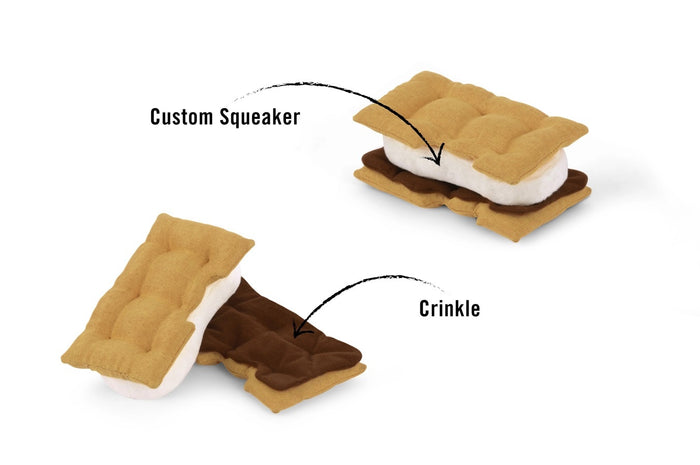 Sure! Here’s a rewritten sentence using your product data: Shaped like a s’more with light brown “graham crackers,” a white “marshmallow,” and a dark brown “chocolate” layer, this durable fabric dog toy—the CAMP CORBIN - GIMME S’MORE from PLAY PET LIFESTYLES—makes the perfect playtime or snuggle companion for pups.