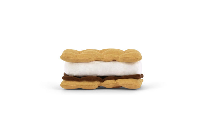 Sure! Here’s a rewritten sentence using your product data: Shaped like a s’more with light brown “graham crackers,” a white “marshmallow,” and a dark brown “chocolate” layer, this durable fabric dog toy—the CAMP CORBIN - GIMME S’MORE from PLAY PET LIFESTYLES—makes the perfect playtime or snuggle companion for pups.