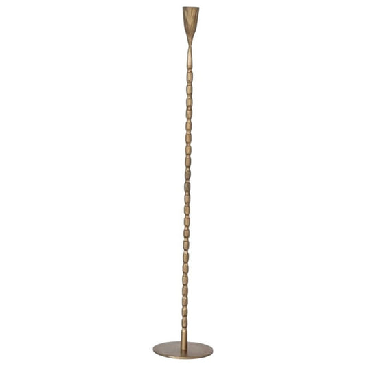 A close-up of the CREATIVE COOP CAST IRON TAPER HOLDER IN BRASS FINISH, EXTRA LARGE, featuring a textured vertical ribbed pattern and a rounded tapered cup at the top, set against a plain white background.