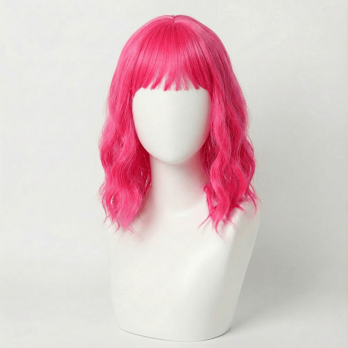 Cerise Short Neon Pink Wig With Bangs, featuring vibrant neon pink color and soft waves.