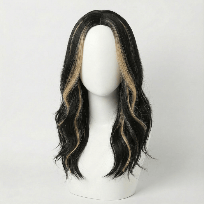 Dani Black Bodywave Wig with Blonde Highlights displayed on a mannequin, showcasing soft waves and strategic blonde accents.