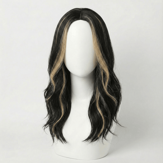 Dani Black Bodywave Wig with Blonde Highlights displayed on a mannequin, showcasing soft waves and strategic blonde accents.