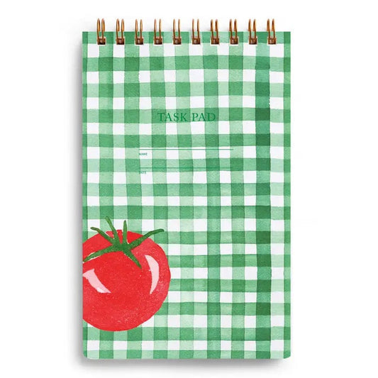 The E. FRANCES PAPER TASK PAD TOMATO GREEN GINGHAM is a spiral-bound notepad with a green and white gingham cover, a red tomato illustration, and "TASK PAD" at the top—ideal for gardening stationery enthusiasts.