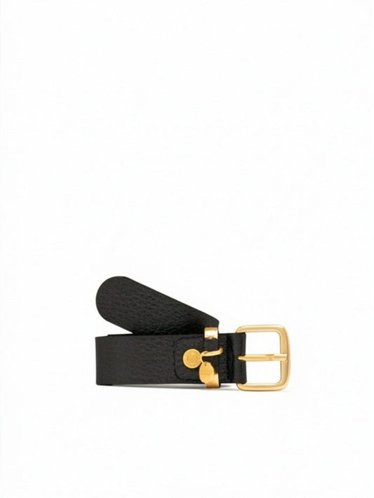 The GIANNI CHIARINI - BLACK LEATHER BELT features a textured black leather design, a gold rectangular logo buckle, and a small gold charm near the buckle, shown against a plain white background.