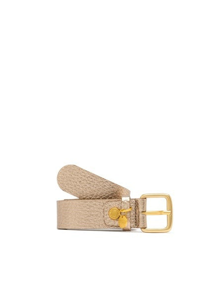 The GIANNI CHIARINI - LEATHER BELT features light beige textured maxi-grain leather, a gold rectangular logoed buckle, and a small gold charm, shown against a plain white background.