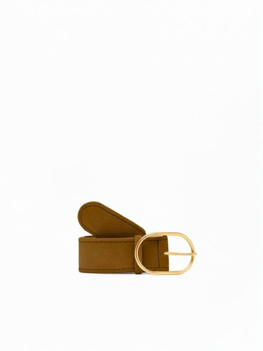 The GIANNI CHIARINI - LEATHER SUEDE BELT by GIANNI CHIARINI, featuring a gold metal buckle, is shown coiled on a plain white background.