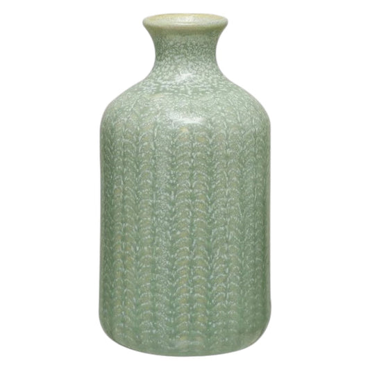The CREATIVE COOP GRAY EMBOSSED STONEWARE VASE, MEDIUM features a tall, cylindrical shape with a narrow neck, flared rim, and textured leaf-like pattern—ideal as a decorative farmhouse accent.
