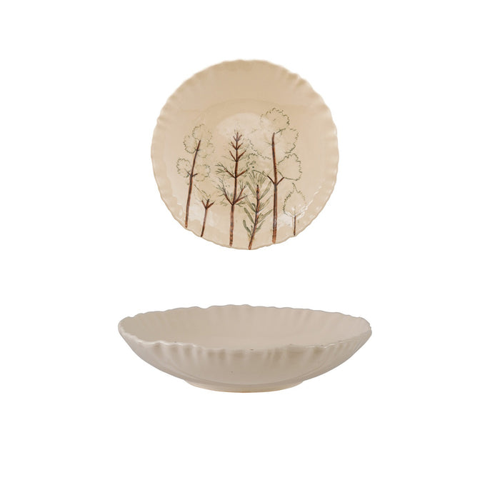 Two views of the CREATIVE COOP HAND-PAINTED ORGANIC SHAPED STONEWARE LOW BOWL WITH BOTANICALS: one features botanical artwork of trees inside, while the other shows its scalloped, organic-shaped edge.