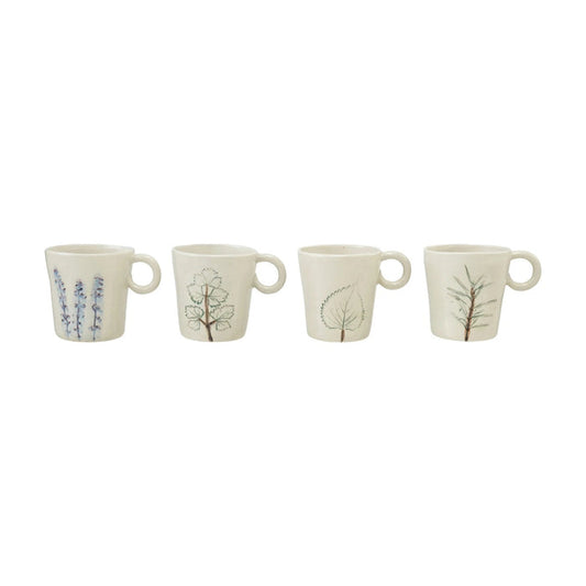The HAND-PAINTED STONEWARE MUG WITH BOTANICAL DESIGN by CREATIVE COOP features a cream finish, round handle, and three vertical blue and purple lavender sprigs hand-painted on the side.