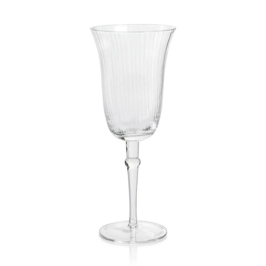 The ZODAX JULIEN CLEAR OPTIC WINE GLASS features a fluted bowl and long, slender stem, standing upright on a white background—perfect for serving wine from a 300 ml bottle.
