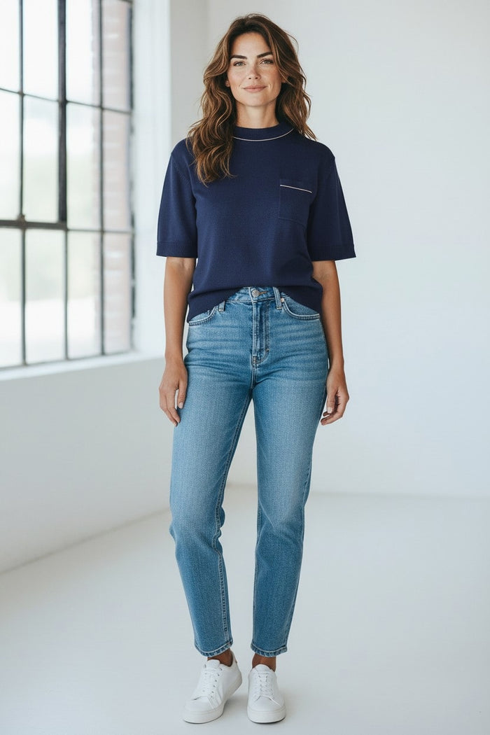 A woman with long brown hair stands in a bright room, smiling slightly with one hand in her pocket. She is wearing the KINROSS CASHMERE Tipped Short Sleeve Crew Neck Top in Navy Scotch by KINROSS, paired with light blue high-waisted jeans and white sneakers. The top features a boxy silhouette and short sleeves.