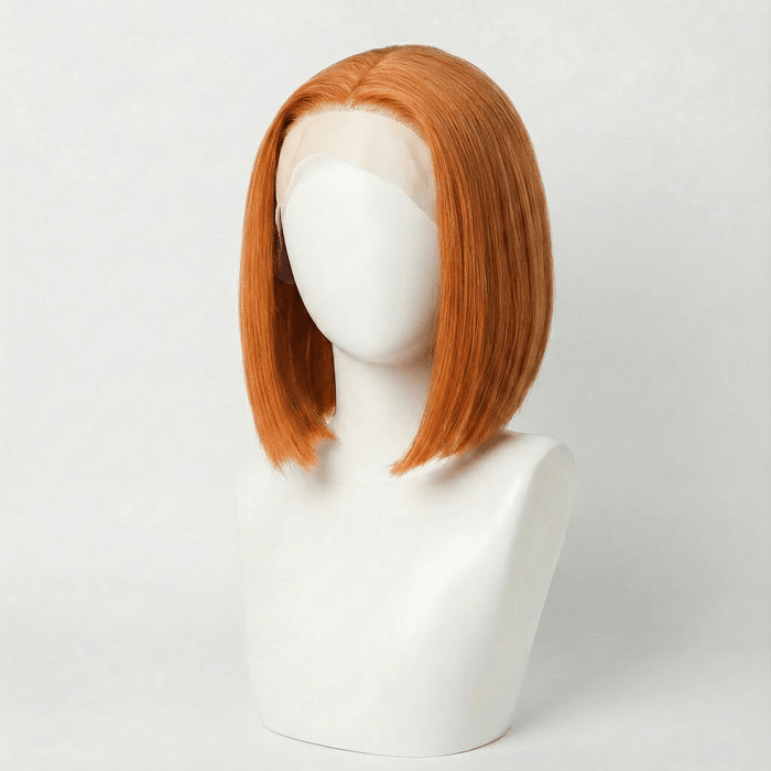 Koi orange bob lace front wig displayed on a mannequin, showcasing its sleek blunt cut and vibrant copper orange color.