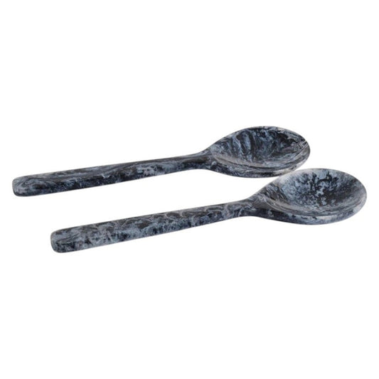 The KRONE RESIN SALAD SERVER SET by ZODAX features two black and gray marbled servers with round bowls and straight handles, displayed side by side on a white background for a contemporary touch.