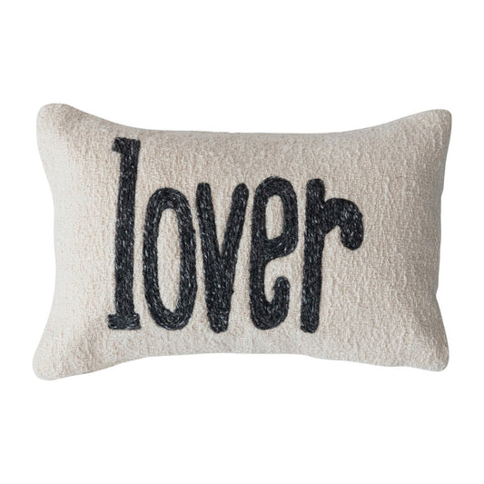The “LOVER” LUMBAR PILLOW by CREATIVE COOP is a cream-colored cotton slub accent pillow with “lover” in bold black lowercase letters, perfect as a charming decorative piece.