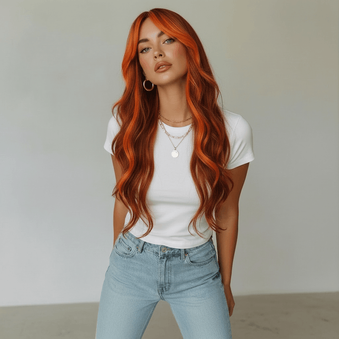 Model wearing a long hairstyle with vibrant orange highlights, showcasing a stylish look.