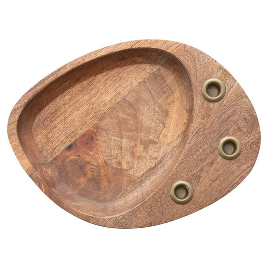 The CREATIVE COOP Mango Wood and Metal Taper Holder with Tray features an oval mango wood base, three round brass inlays, and a shallow recessed area—ideal for displaying candles or your favorite decor.