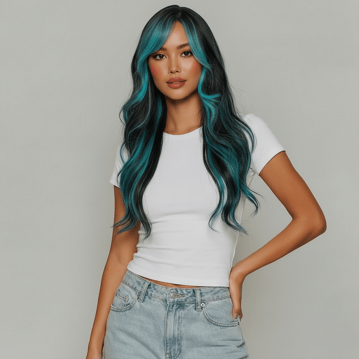 Millie long black wig with teal highlights styled in soft waves, perfect for a bold fashion statement.