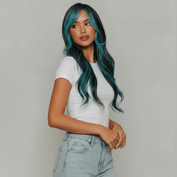 Model showcasing a long black wig with teal highlights, featuring soft waves and vibrant colors, perfect for a bold look.