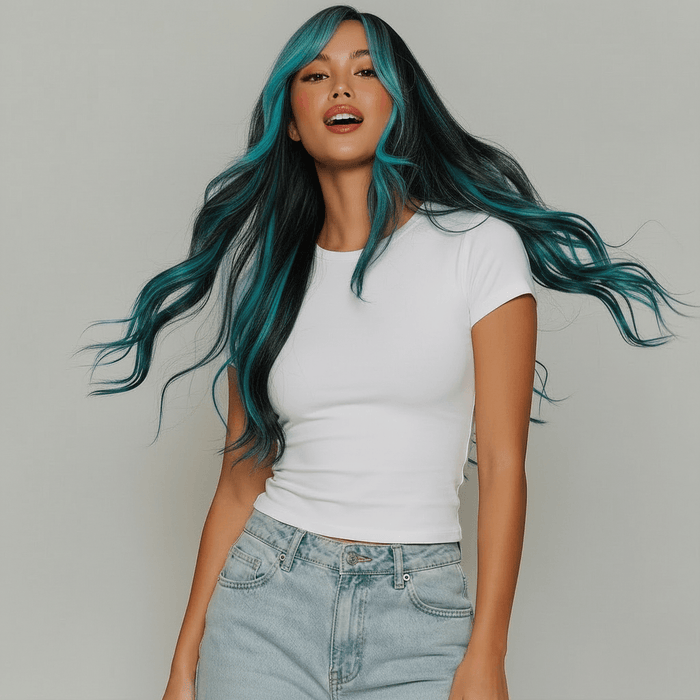 Model wearing a long black wig with teal highlights, showcasing soft waves and a flattering look.