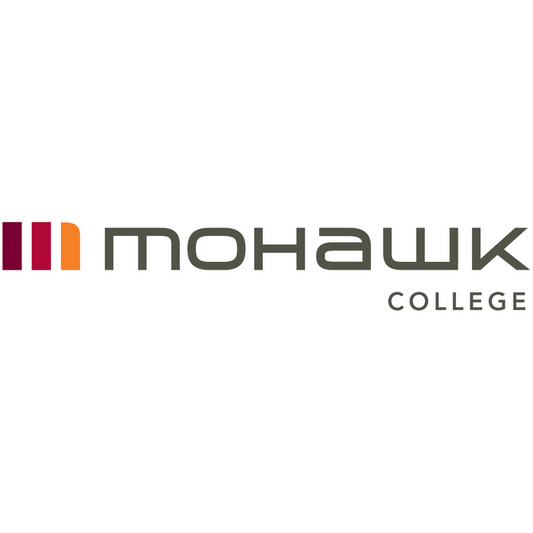 A Mohawk College logo displays on a white background. The logo features the word "Mohawk" in grey lettering, followed by "COLLEGE" in smaller grey lettering. A stylized graphic element, consisting of three vertical bars in maroon, dark red and orange, precedes the text.