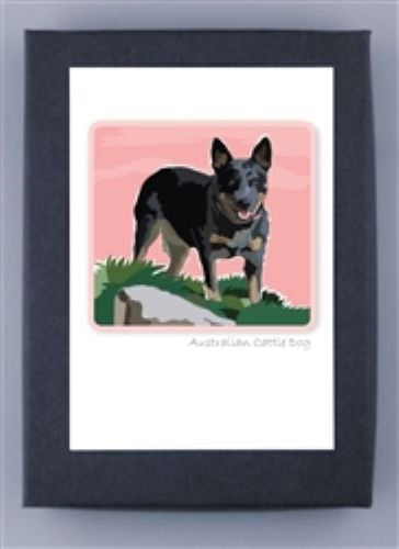 PAPER RUSSELLS - AUSTRALIAN CATTLE DOG NOTE CARDS feature an Australian cattle dog on grass with a pink sky, displayed in a black frame. Printed on recycled paper and proudly made in the USA by PAPER RUSSELLS.
