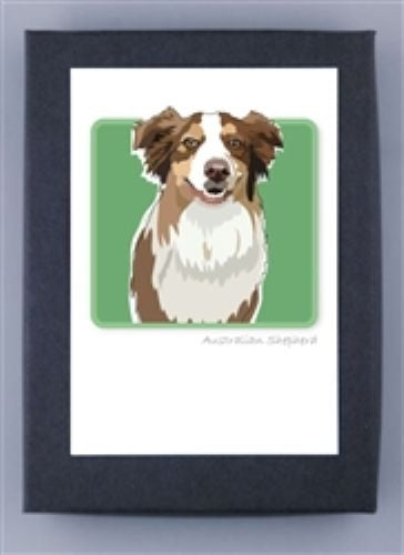 PAPER RUSSELLS - AUSTRALIAN SHEPHERD BOX NOTES feature a smiling Aussie dog with brown, white, and tan fur on a green background with a dark frame. Made in the USA and printed on recycled paper by PAPER RUSSELLS.