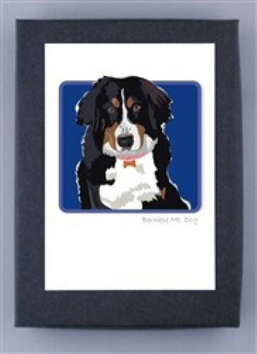 PAPER RUSSELLS - BERNESE MOUNTAIN DOG NOTE CARDS feature a black, brown, and white dog with a red bowtie on a blue background, framed in black. Ideal for premium stationery or recycled paper note cards by PAPER RUSSELLS.
