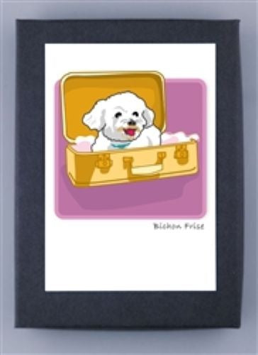 PAPER RUSSELLS - BICHON FRISE IN SUITCASE BOX NOTES features a cheerful white Bichon Frise in a yellow suitcase on a pink background—perfect eco-friendly stationery from PAPER RUSSELLS. "Bichon Frise" appears below the charming illustration.