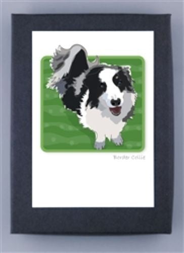 PAPER RUSSELLS - BORDER COLLIE NOTE CARDS feature a black and white Border Collie illustration on green, on a white card with a dark gray border. Printed on recycled paper, the dog faces forward with its mouth open. Brand: PAPER RUSSELLS.