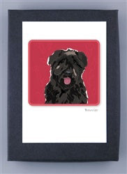 The PAPER RUSSELLS - BOUVIER NOTE CARDS by PAPER RUSSELLS feature a black dog with a pink tongue on a red background, bordered in black and printed on premium cover stock for a high-quality feel.
