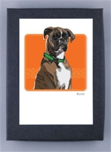 The PAPER RUSSELLS - BOXER NOTE CARDS by PAPER RUSSELLS feature a brown and white boxer dog with a green collar on an orange background, framed in black with a white mat and printed on eco-friendly recycled paper.