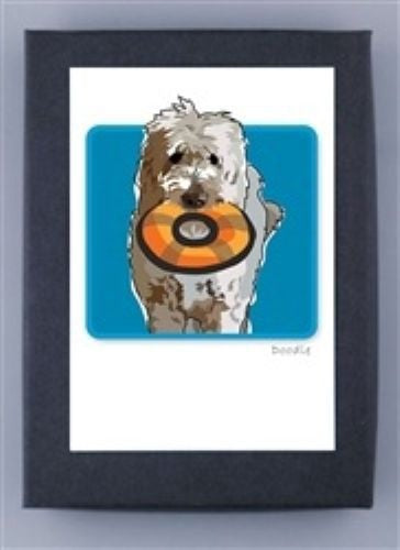PAPER RUSSELLS - DOODLE WITH ROUND TOY BOX NOTES features a fluffy dog with an orange and black frisbee on blue, framed in black. Playful yet eco-conscious, these cards by PAPER RUSSELLS are printed on recycled paper.