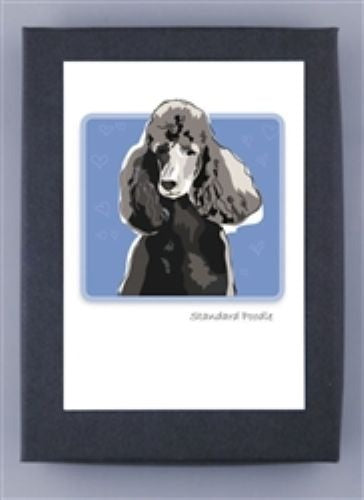 PAPER RUSSELLS - STANDARD POODLE NOTE CARDS feature a forward-facing curly Standard Poodle on blue, in a white mat and black frame. Printed on recycled paper, made in the USA, and FSC certified for sustainability by PAPER RUSSELLS.