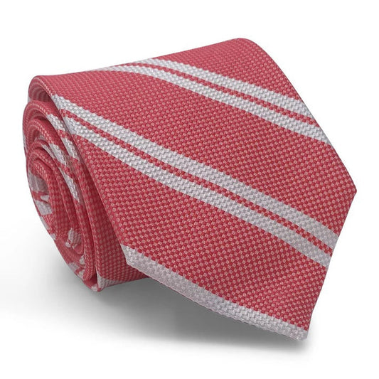 The BIRD DOG BAY PETER-BLAIR Shinnecock Hills Woven Silk Tie in Red features a textured pattern with diagonal white stripes and is handmade in New York.