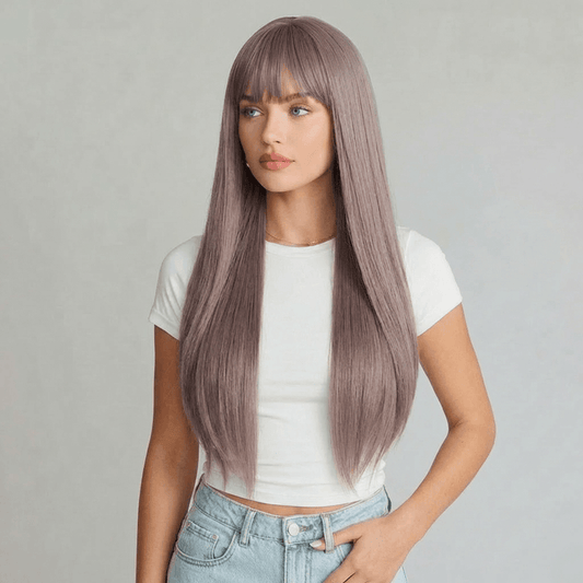 Piper long light purple wig with bangs, showcasing soft muted brown tones and a silky finish.